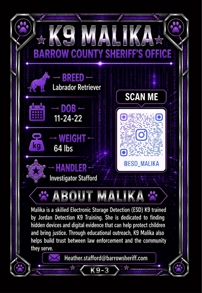 Malika trading card back