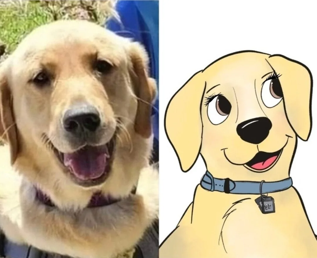 Real-life Estie next to her storybook illustration