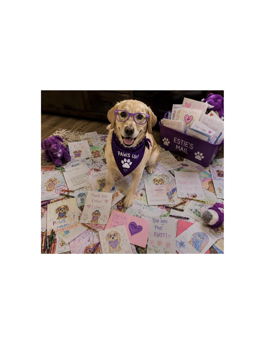 Estie surrounded by letters from her Besties