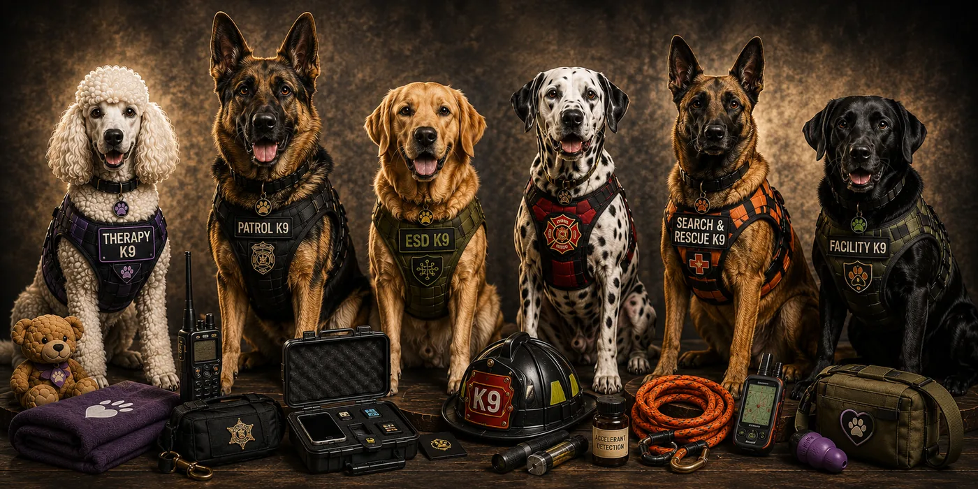 Working K9s in their vests — therapy, patrol, ESD, fire, search and rescue and facility dogs — with their gear