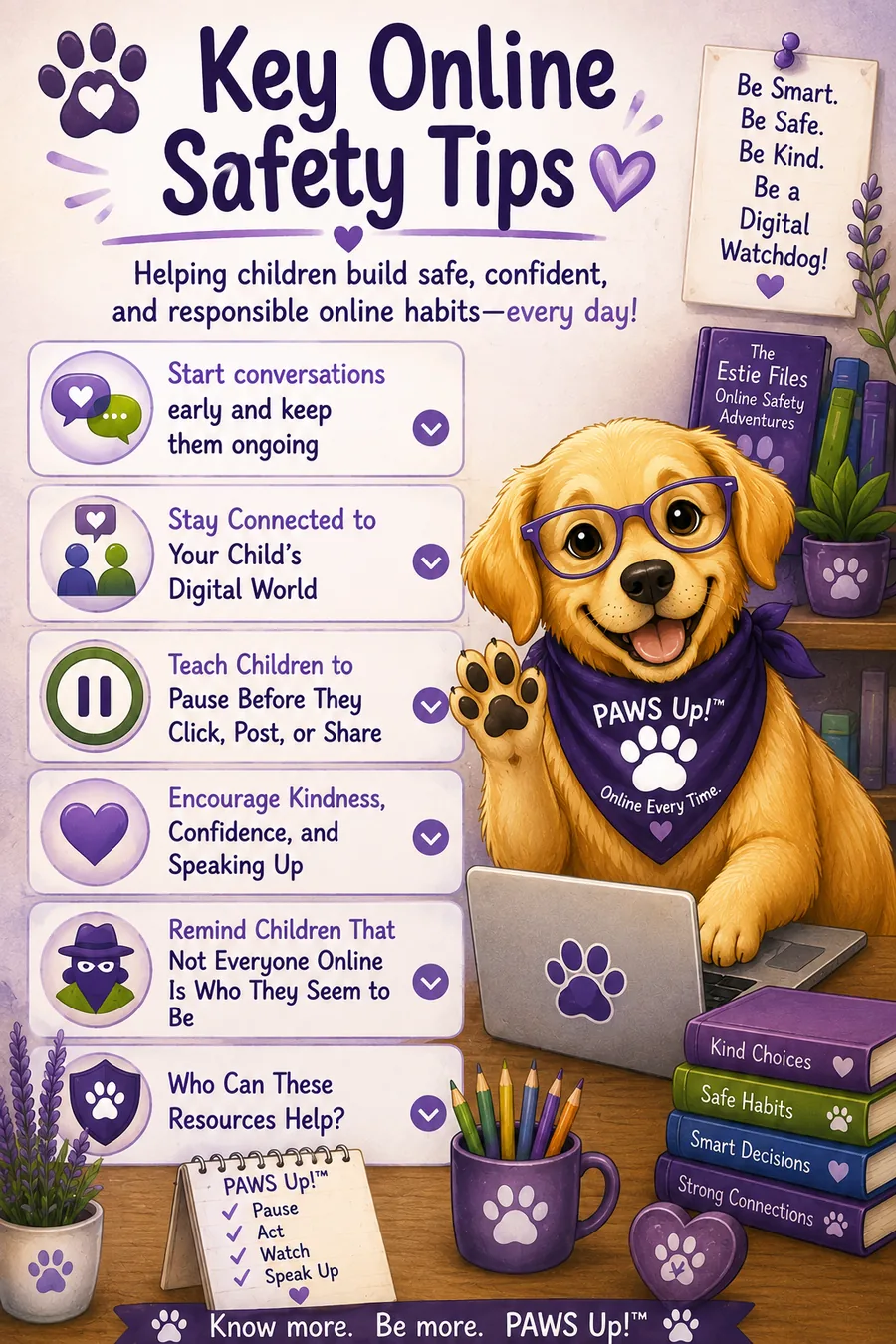 Key online safety tips poster featuring Estie