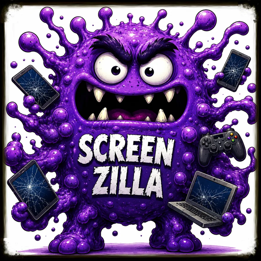 Screen Zilla, a purple fuzzy monster made of screens and gadgets