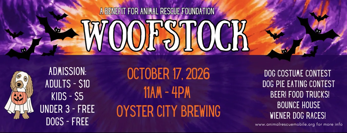 Woofstock 2026 flyer — October 17, 11am to 4pm at Oyster City Brewing